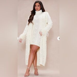 Fashion Nova Cream Cardigan with Feather Accents